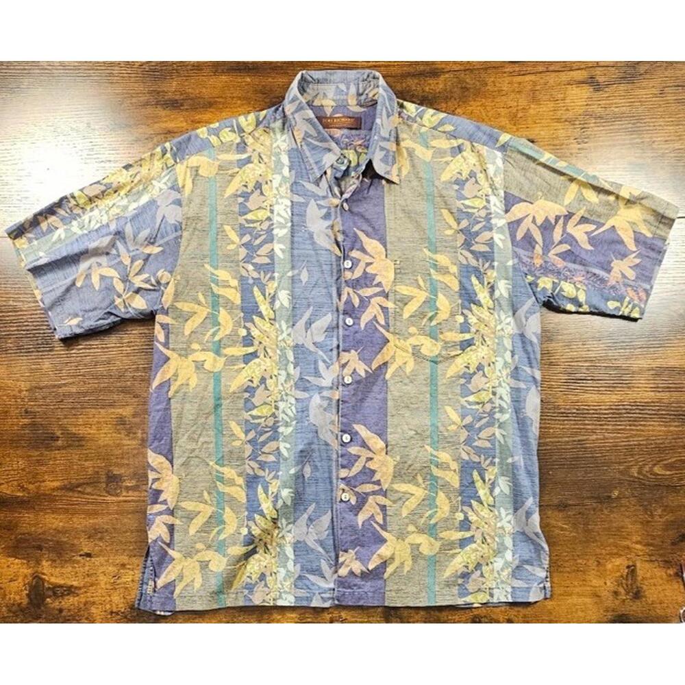 Tori Richard Shirt Men Blue Multicolor Leafy Button Up Hawaiian Lawn Size Large
